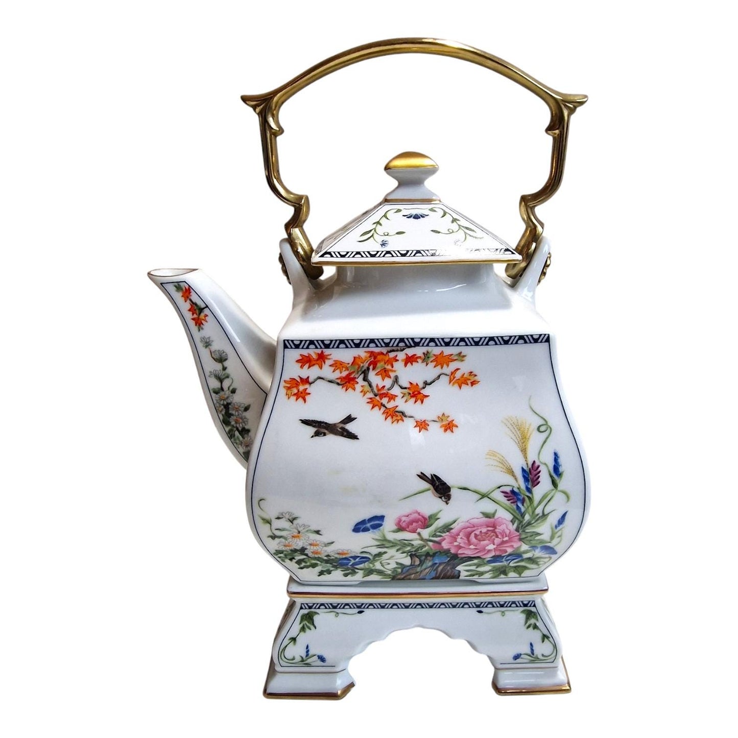 Franklin Mint Birds & Flowers Porcelain Teapot, 24k Gold Finish, Japan 1986