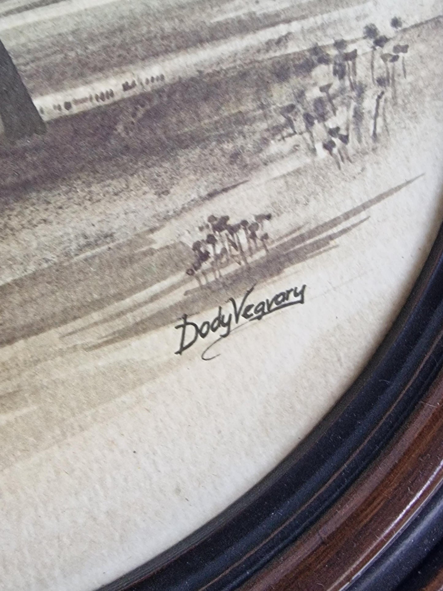 dody vegvary - 2 paintings romantic realisme aquarel , signed,  in round wood frame