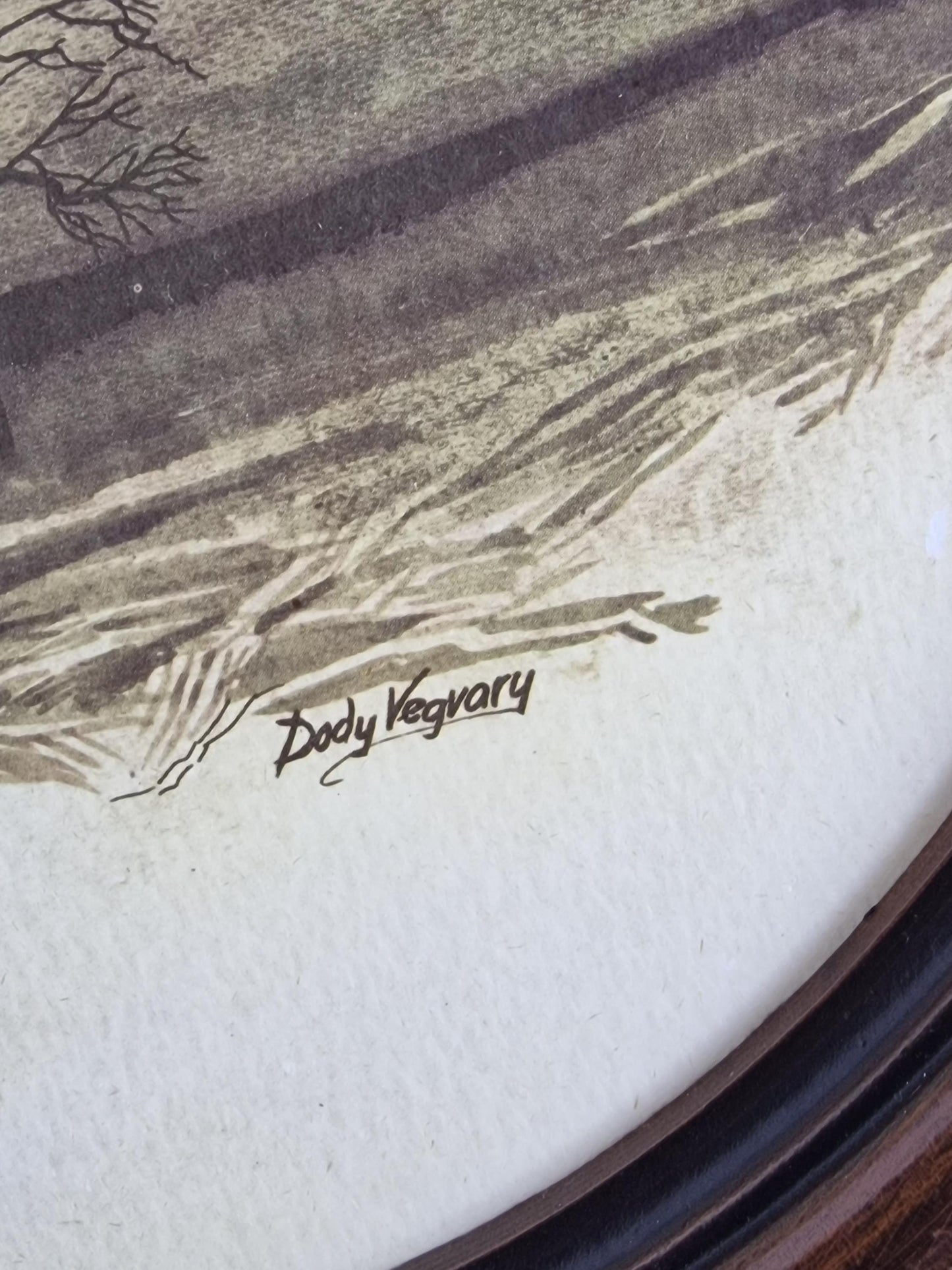 dody vegvary - 2 paintings romantic realisme aquarel , signed,  in round wood frame