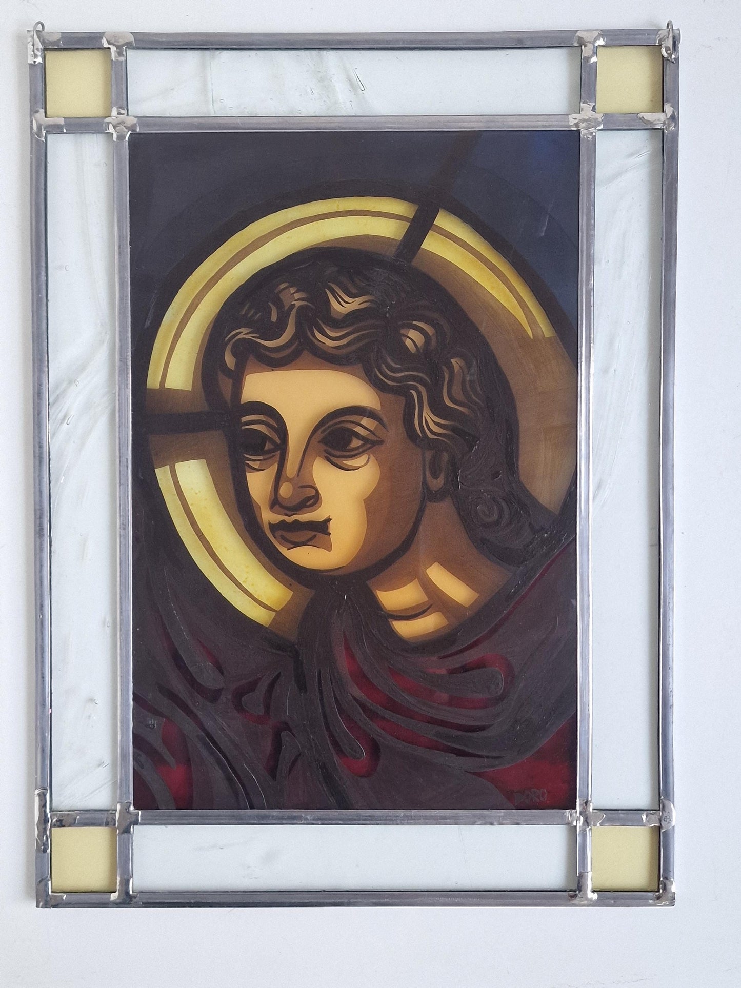 Vintage Stained Glass Window, Holy Mary, Bestwig Monastery, Signed Artwork (41x31cm)