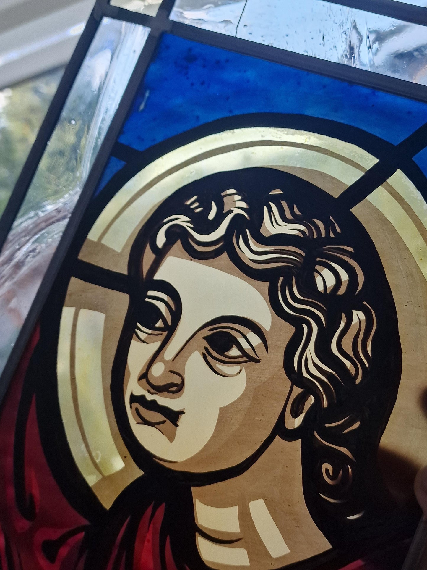 Vintage Stained Glass Window, Holy Mary, Bestwig Monastery, Signed Artwork (41x31cm)