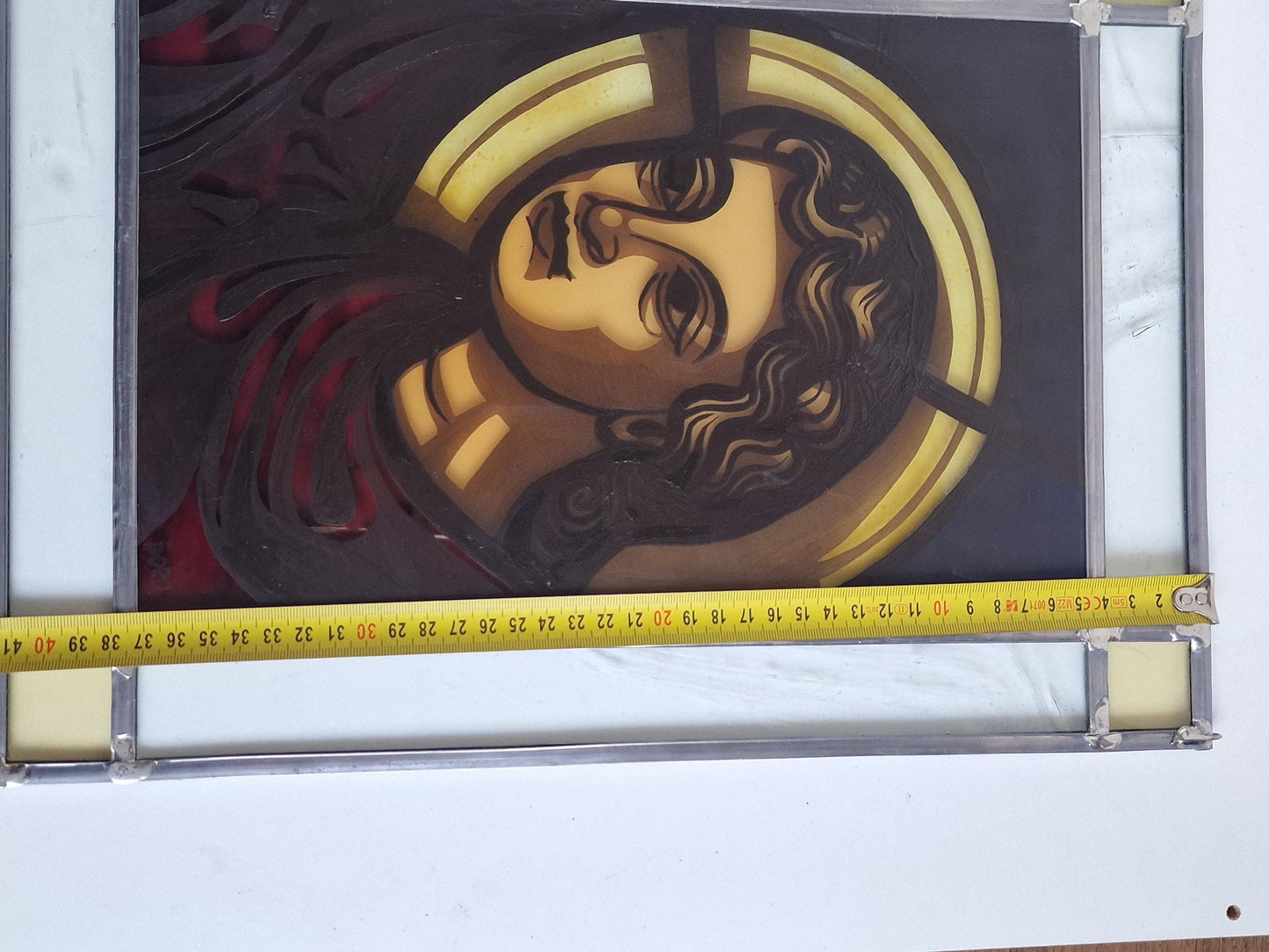 Vintage Stained Glass Window, Holy Mary, Bestwig Monastery, Signed Artwork (41x31cm)