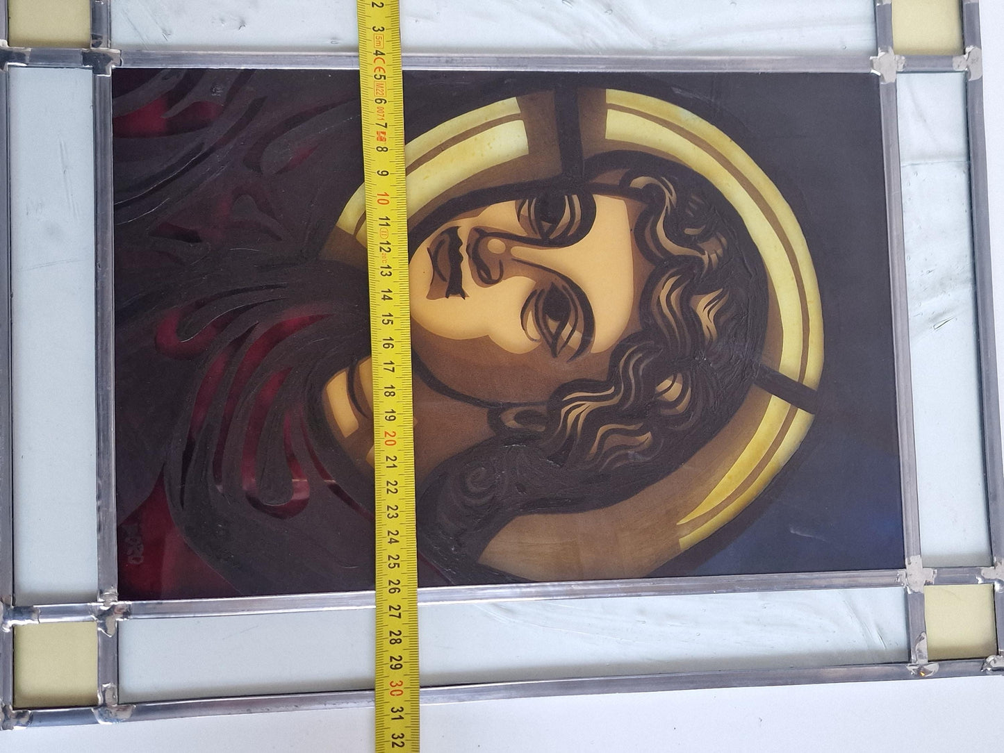 Vintage Stained Glass Window, Holy Mary, Bestwig Monastery, Signed Artwork (41x31cm)