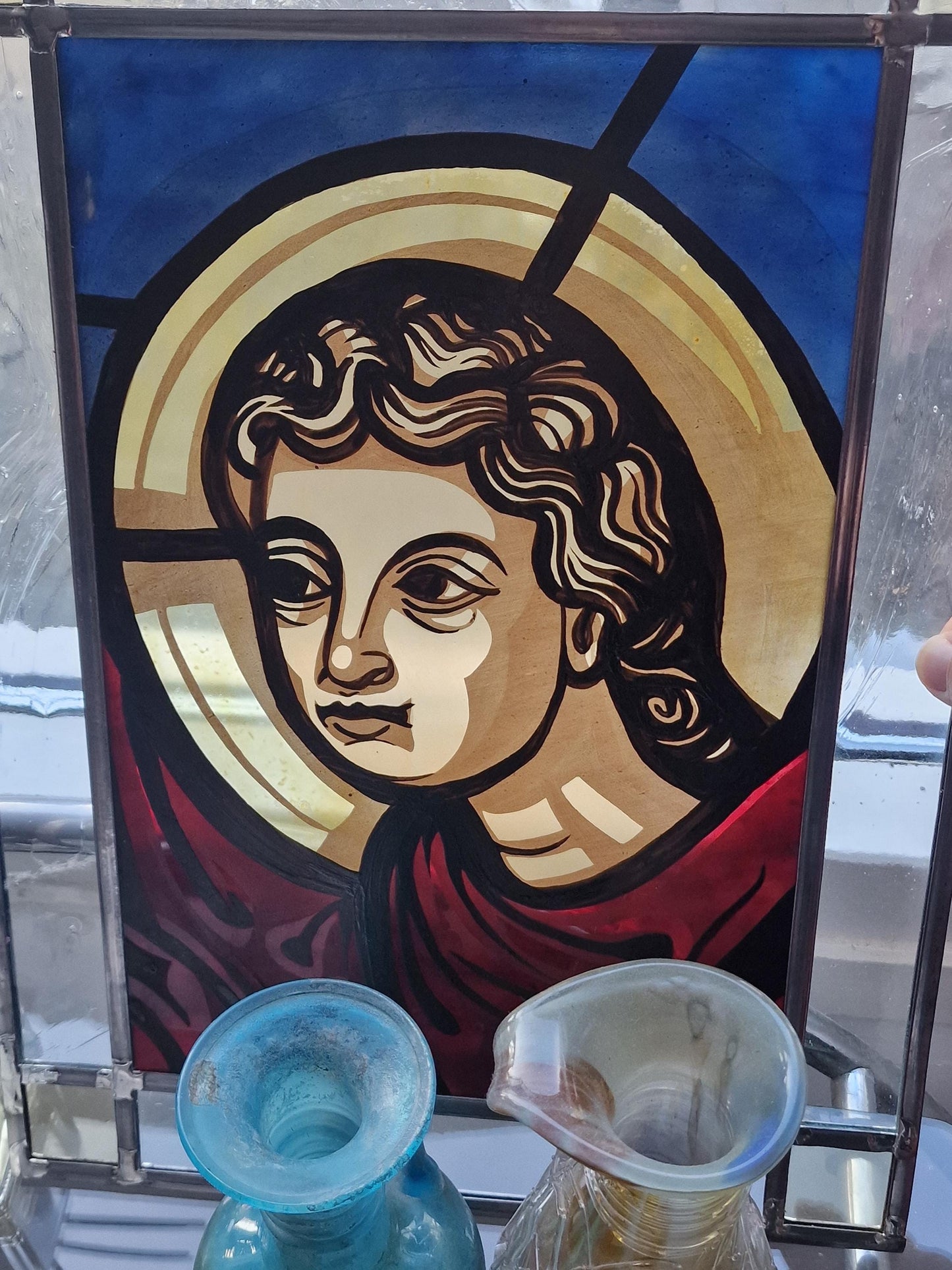 Vintage Stained Glass Window, Holy Mary, Bestwig Monastery, Signed Artwork (41x31cm)
