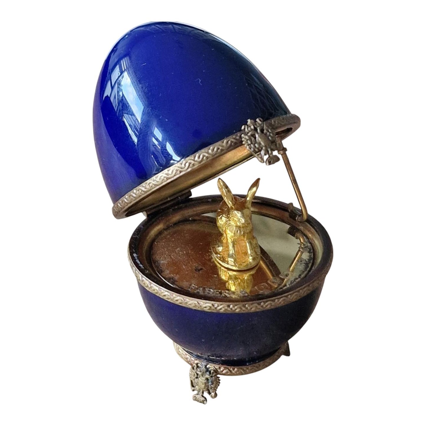 XL Fabergé Egg, Hare, Sterling Silver, 24K Gold, Limoges Porcelain