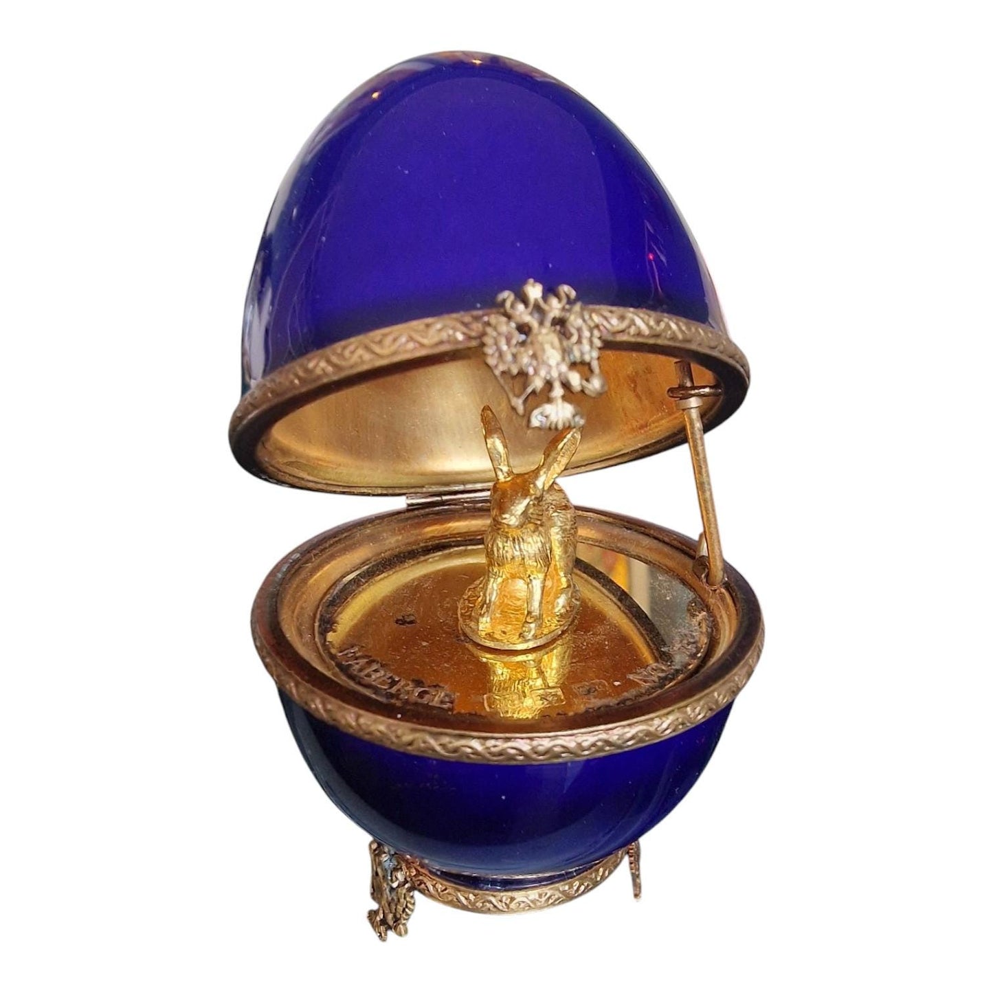 XL Fabergé Egg, Hare, Sterling Silver, 24K Gold, Limoges Porcelain