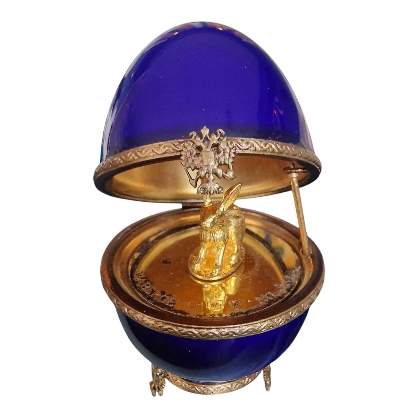 XL Fabergé Egg, Hare, Sterling Silver, 24K Gold, Limoges Porcelain
