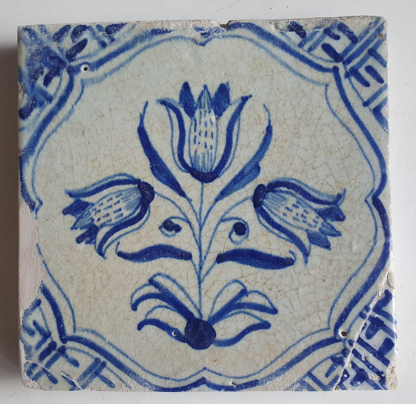 Antique Delft Tulip Tiles, 17th Century Dutch Wall Decor, Set of 6