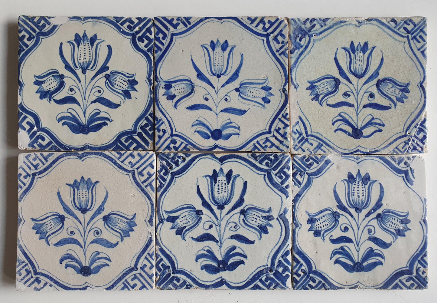 Antique Delft Tulip Tiles, 17th Century Dutch Wall Decor, Set of 6