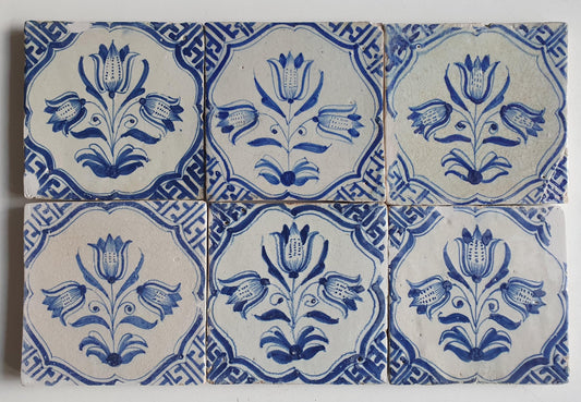 Antique Delft Tulip Tiles, 17th Century Dutch Wall Decor, Set of 6