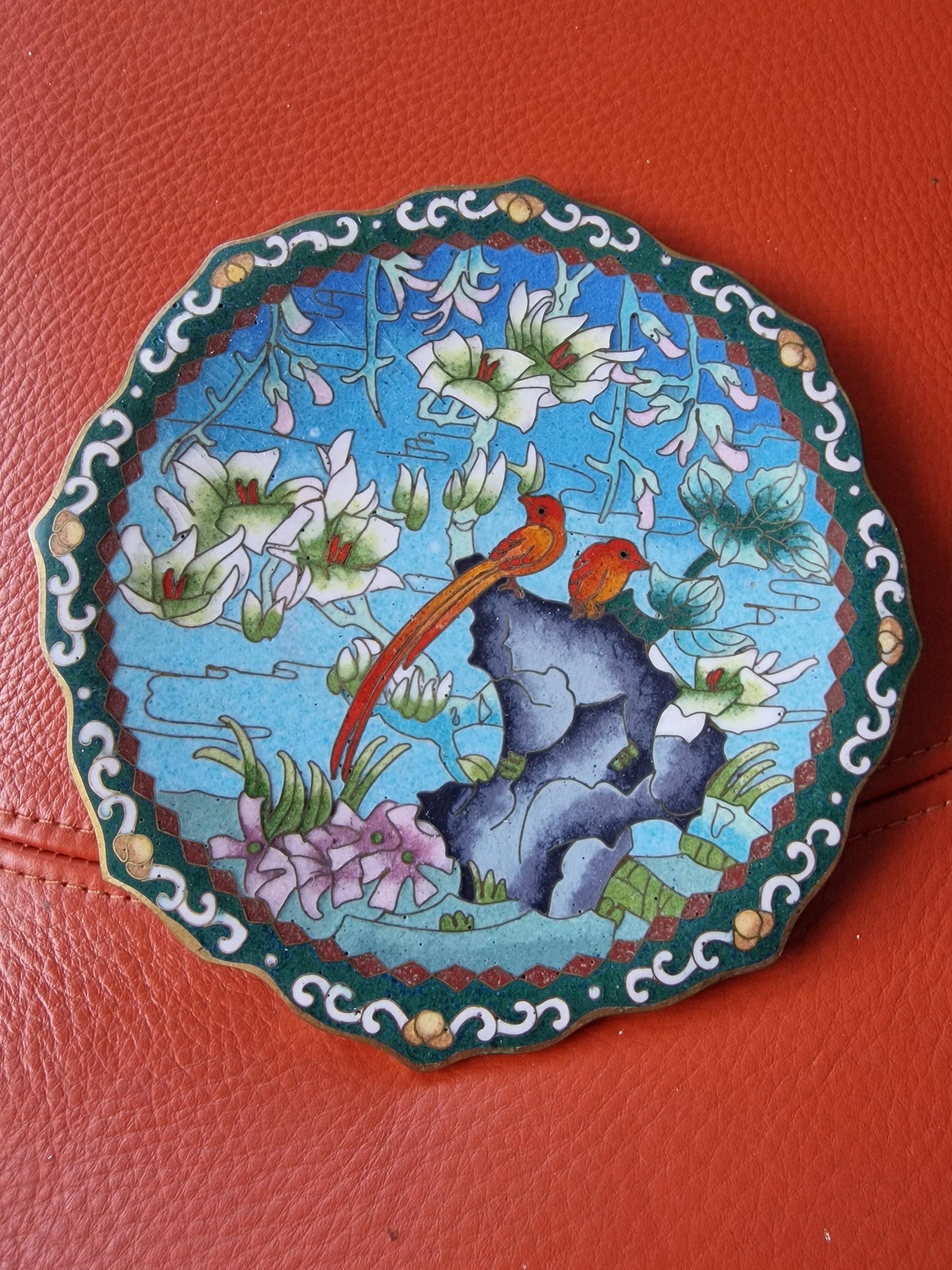 Antique Chinese Cloisonne Plate, Birds and Flowers Enamel Design, Republic Era