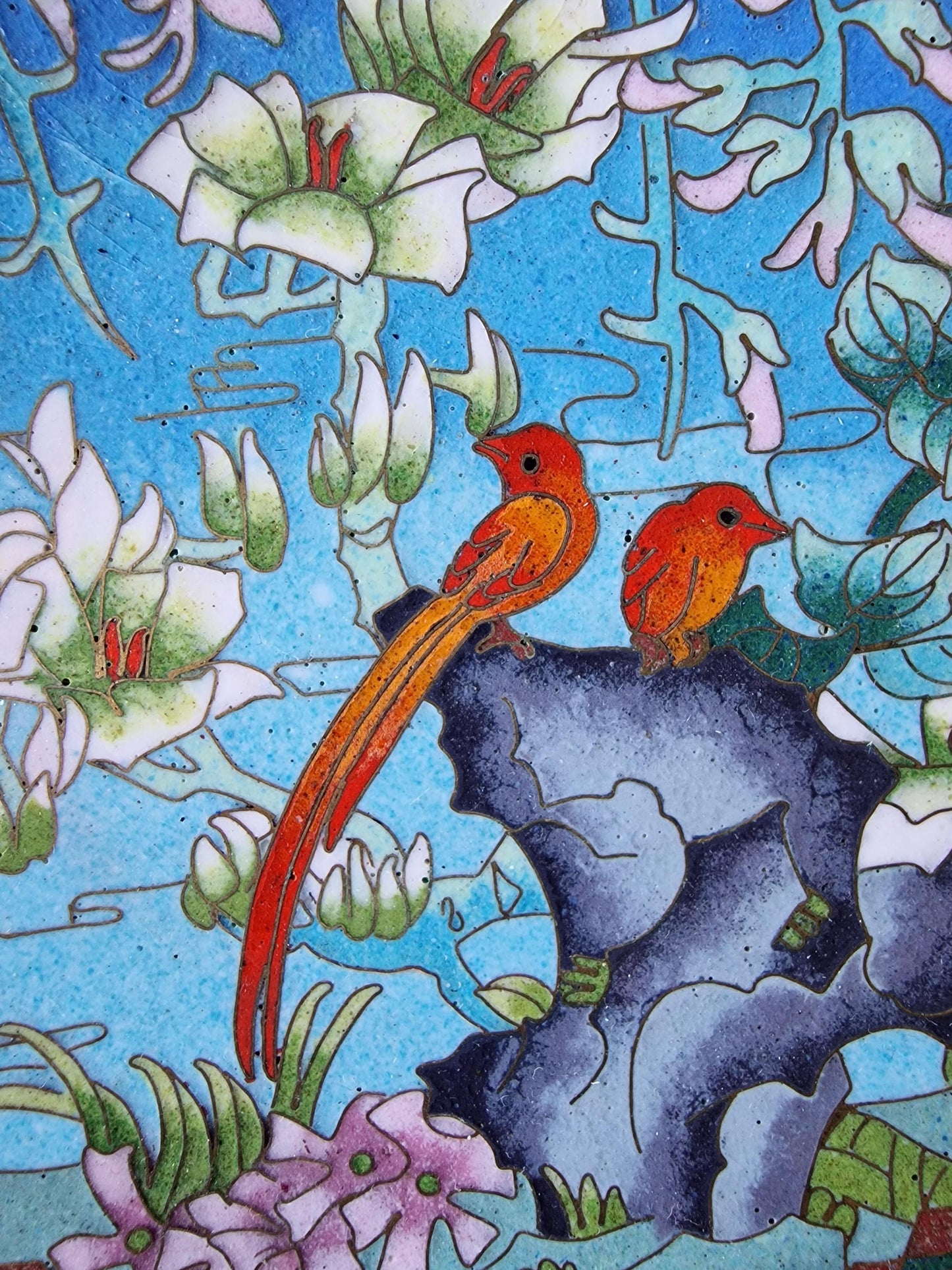 Antique Chinese Cloisonne Plate, Birds and Flowers Enamel Design, Republic Era