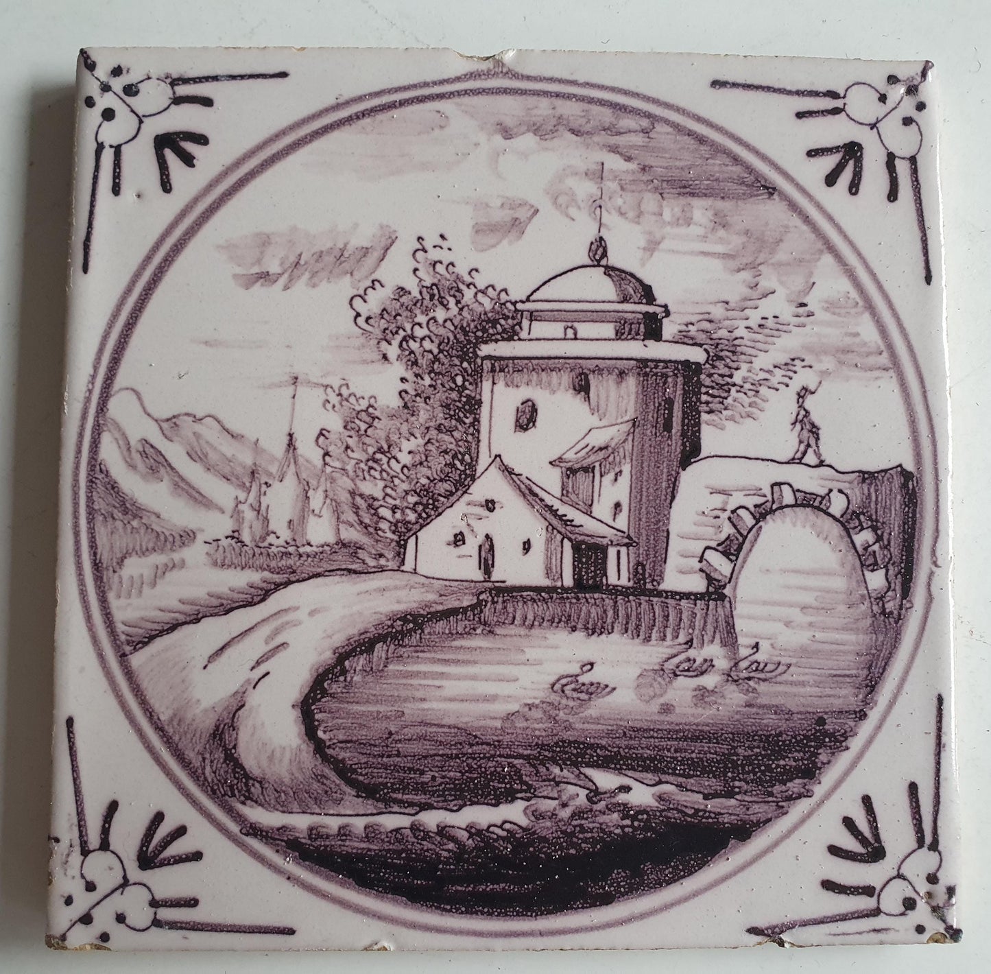 Around 1850 century Antique Dutch Tile - manganese landscape tegel