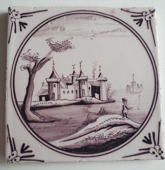 Around 1850 century Antique Dutch Tile - manganese landscape tegel castle with fischerman