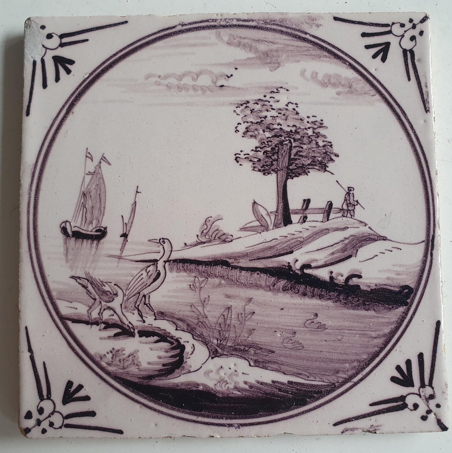 Around 1850 century Antique Dutch Tile - manganese landscape tegel