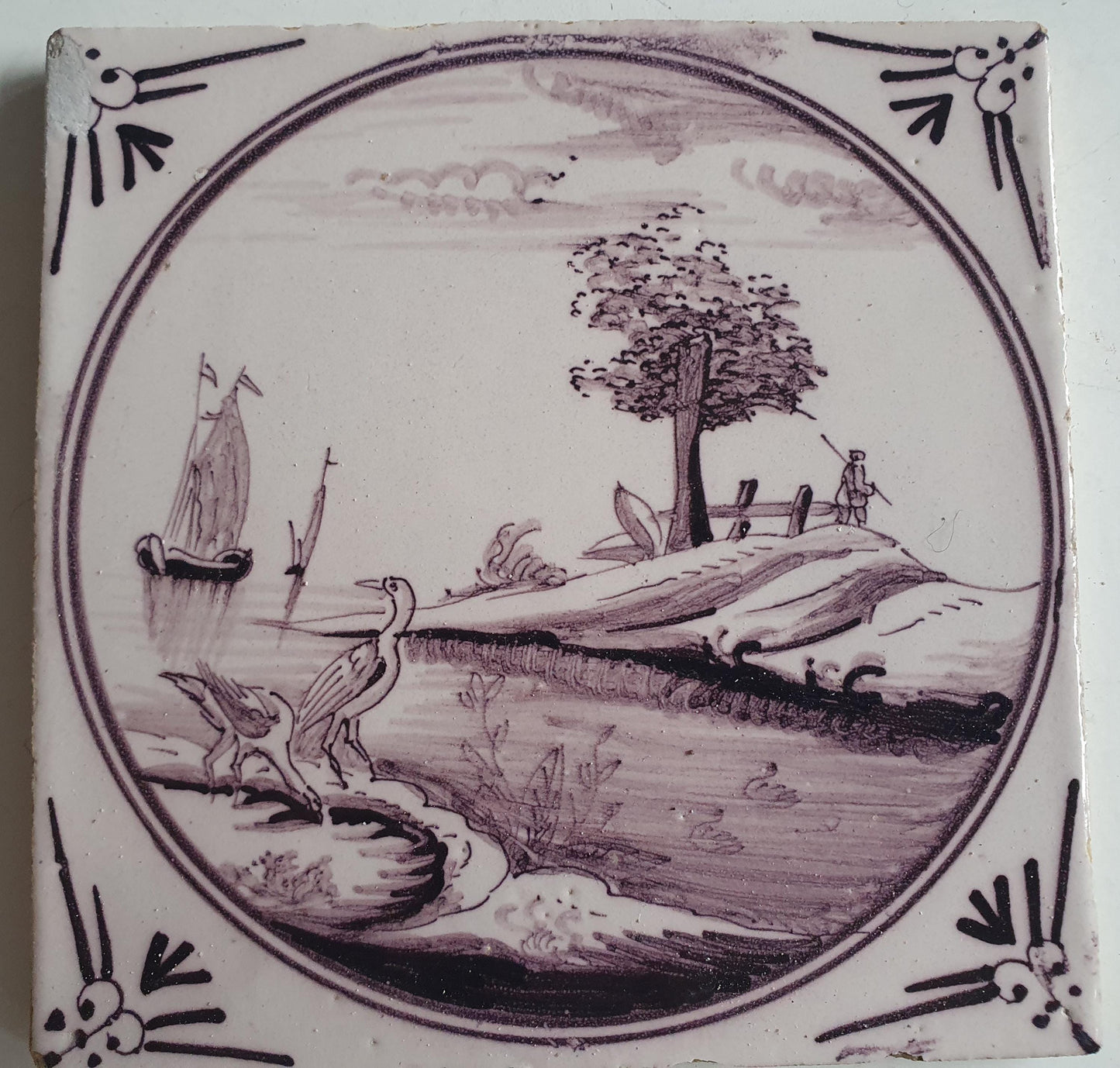 Around 1850 century Antique Dutch Tile - manganese landscape tegel