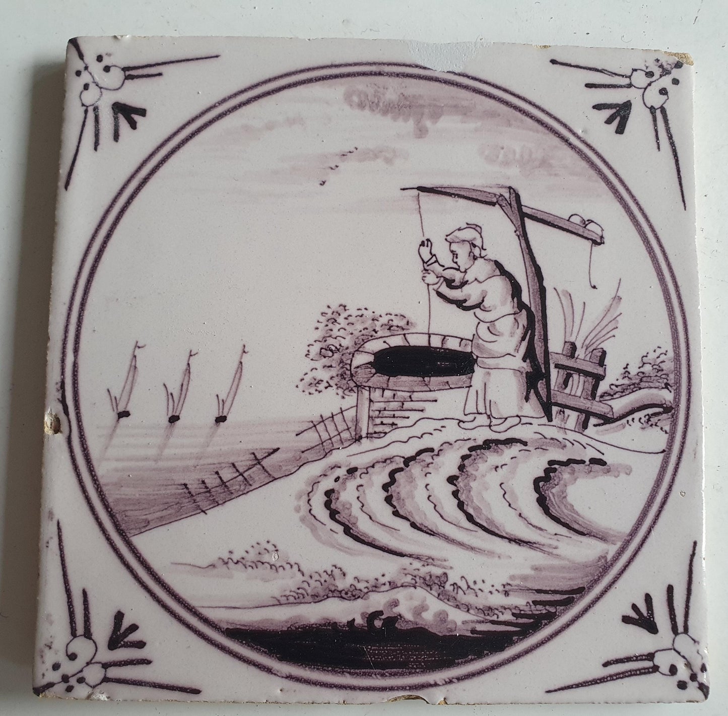 Around 1850 century Antique Dutch Tile - manganese landscape tegel