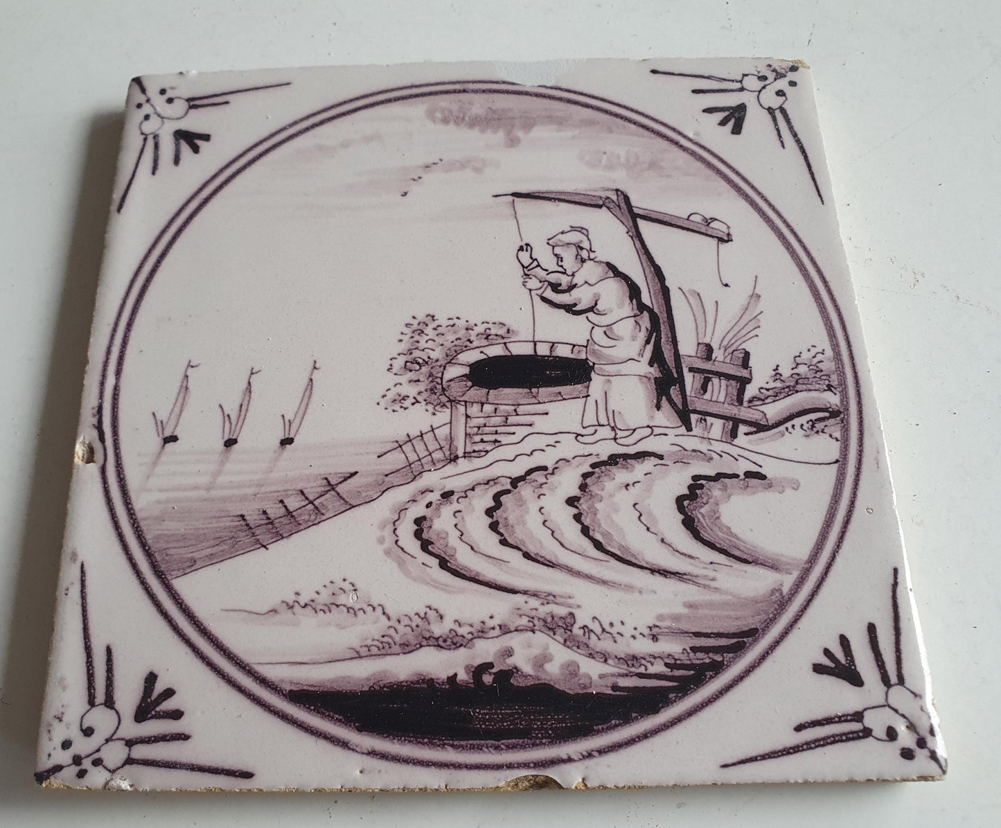 Around 1850 century Antique Dutch Tile - manganese landscape tegel