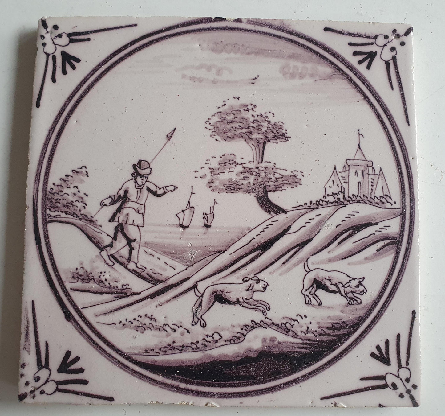 Around 1850 century Antique Dutch Tile - manganese landscape tegel