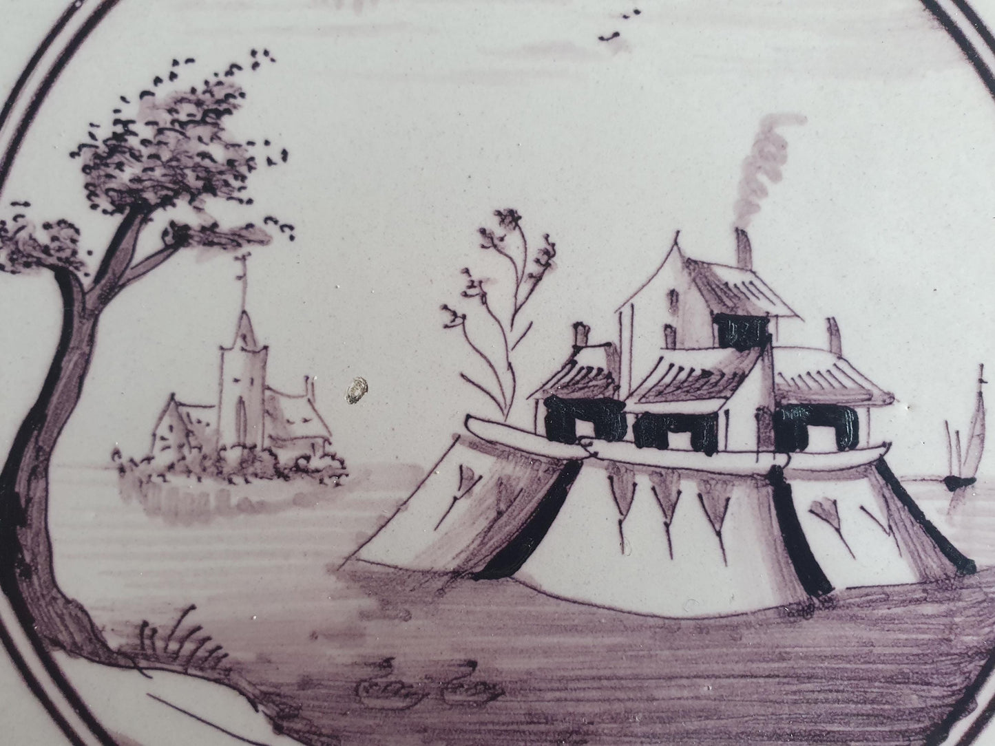 Around 1850 century Antique Dutch Tile - manganese landscape tegel