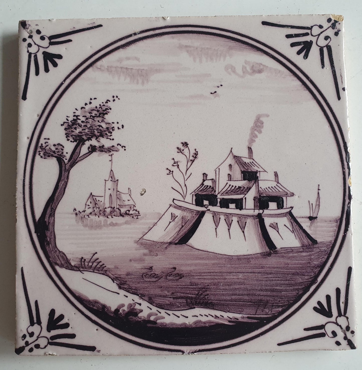 Around 1850 century Antique Dutch Tile - manganese landscape tegel
