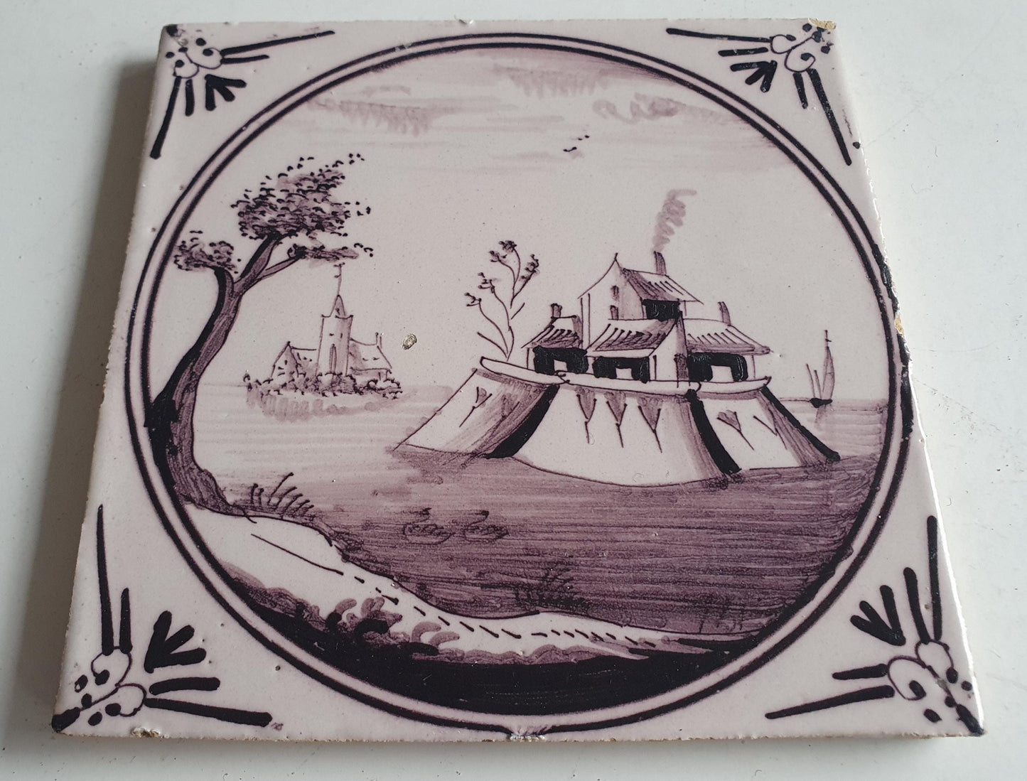 Around 1850 century Antique Dutch Tile - manganese landscape tegel