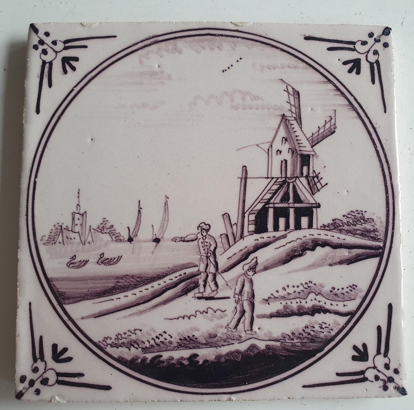Around 1850 century Antique Dutch Tile - manganese landscape tegel