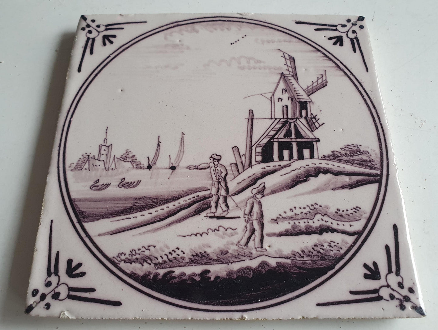 Around 1850 century Antique Dutch Tile - manganese landscape tegel