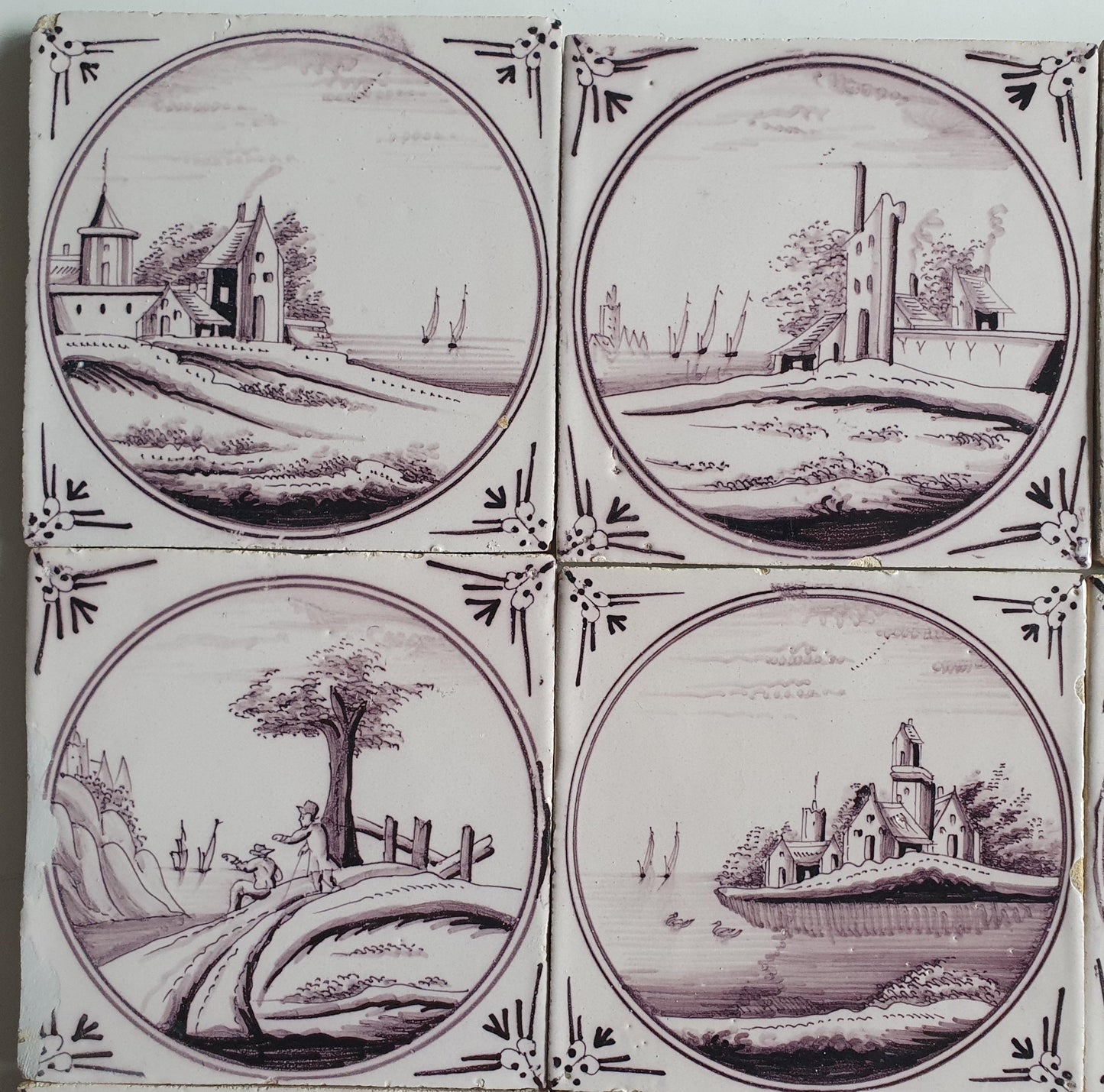 9 x Around 1850 century Antique Dutch Tiles - manganese landscape tegels