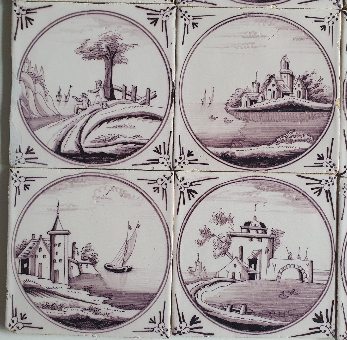 9 x Around 1850 century Antique Dutch Tiles - manganese landscape tegels