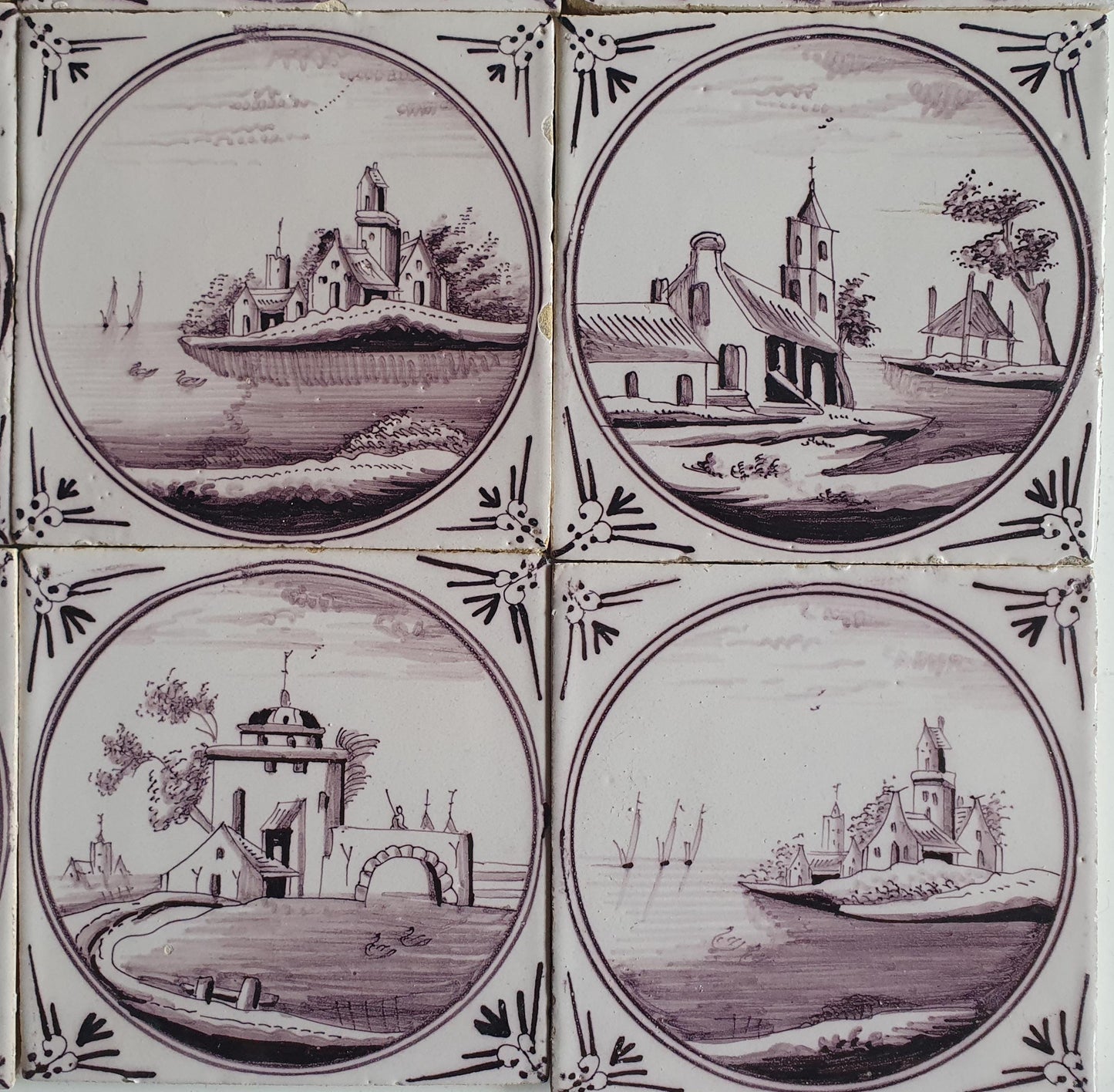 9 x Around 1850 century Antique Dutch Tiles - manganese landscape tegels