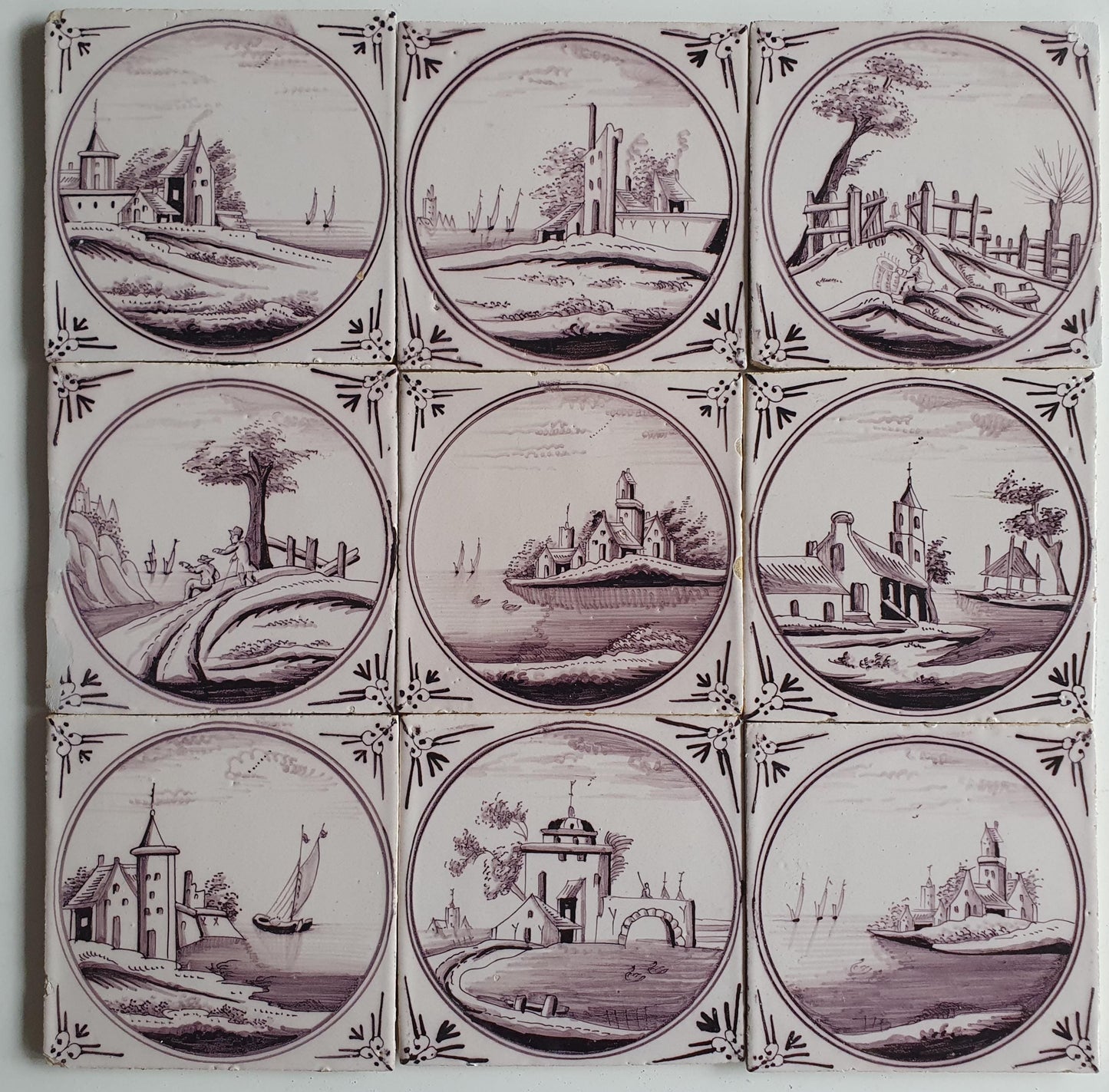 9 x Around 1850 century Antique Dutch Tiles - manganese landscape tegels