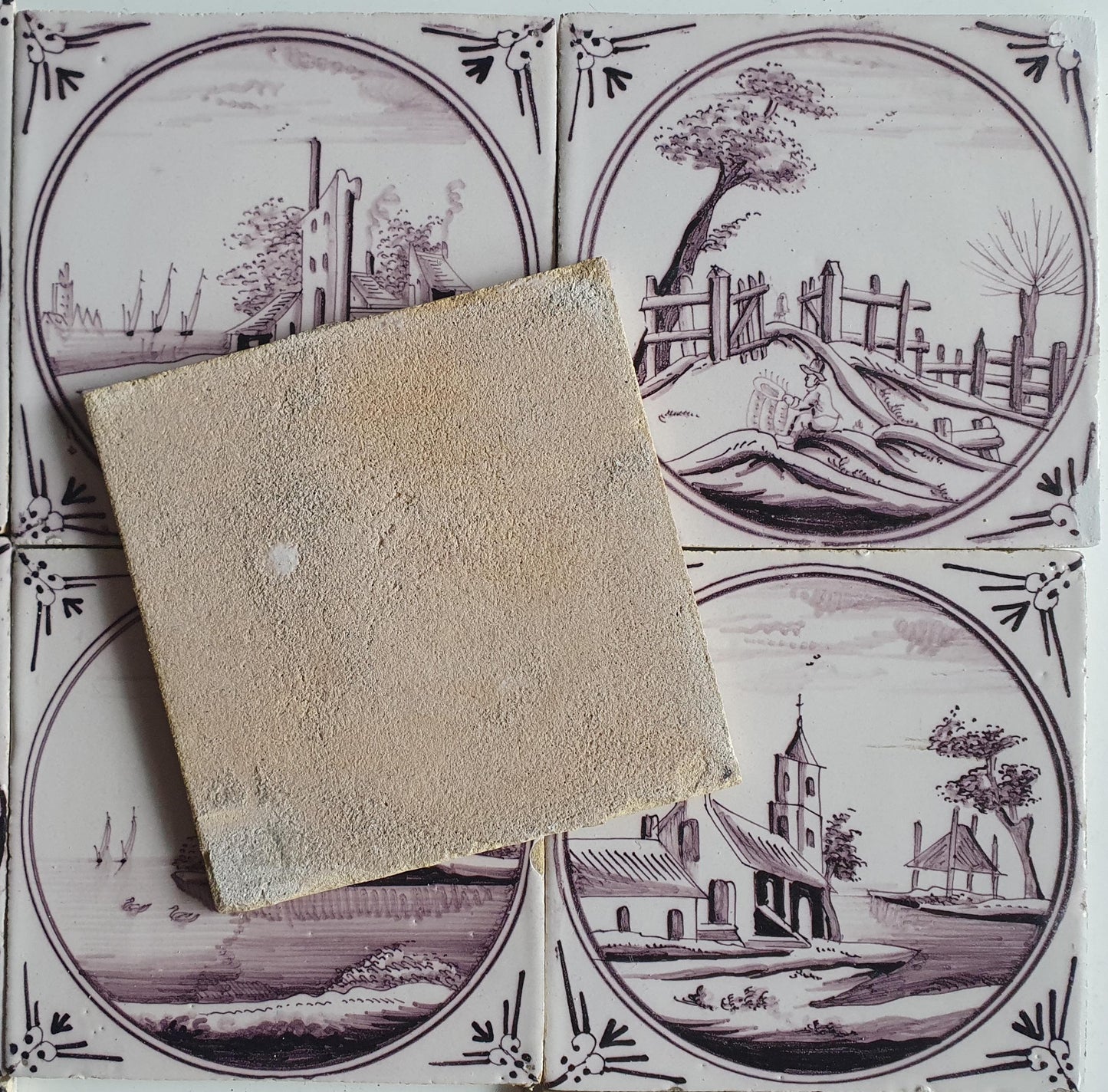 9 x Around 1850 century Antique Dutch Tiles - manganese landscape tegels