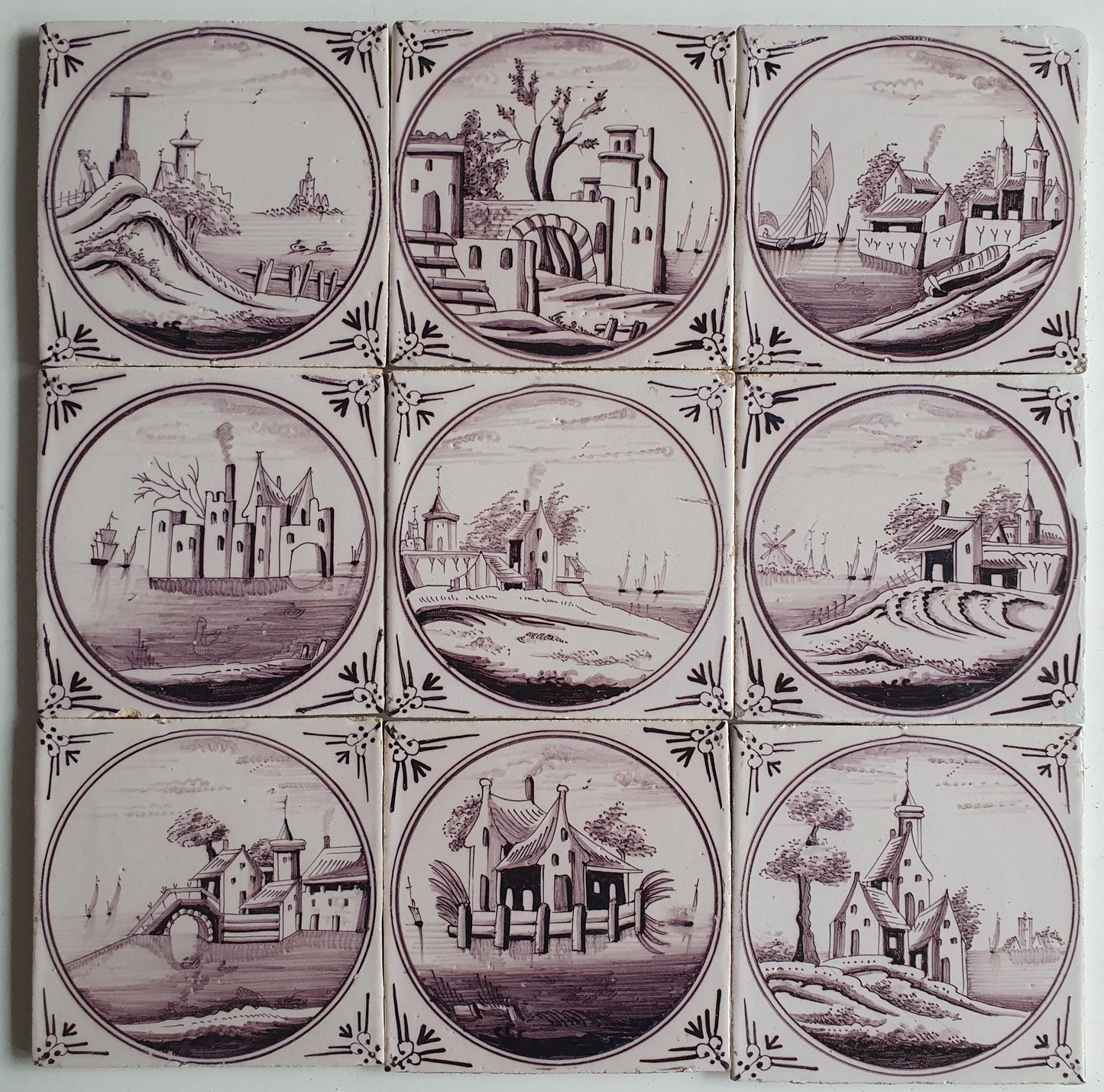 9 x Around 1850 century Antique Dutch Tiles - manganese landscape tegels