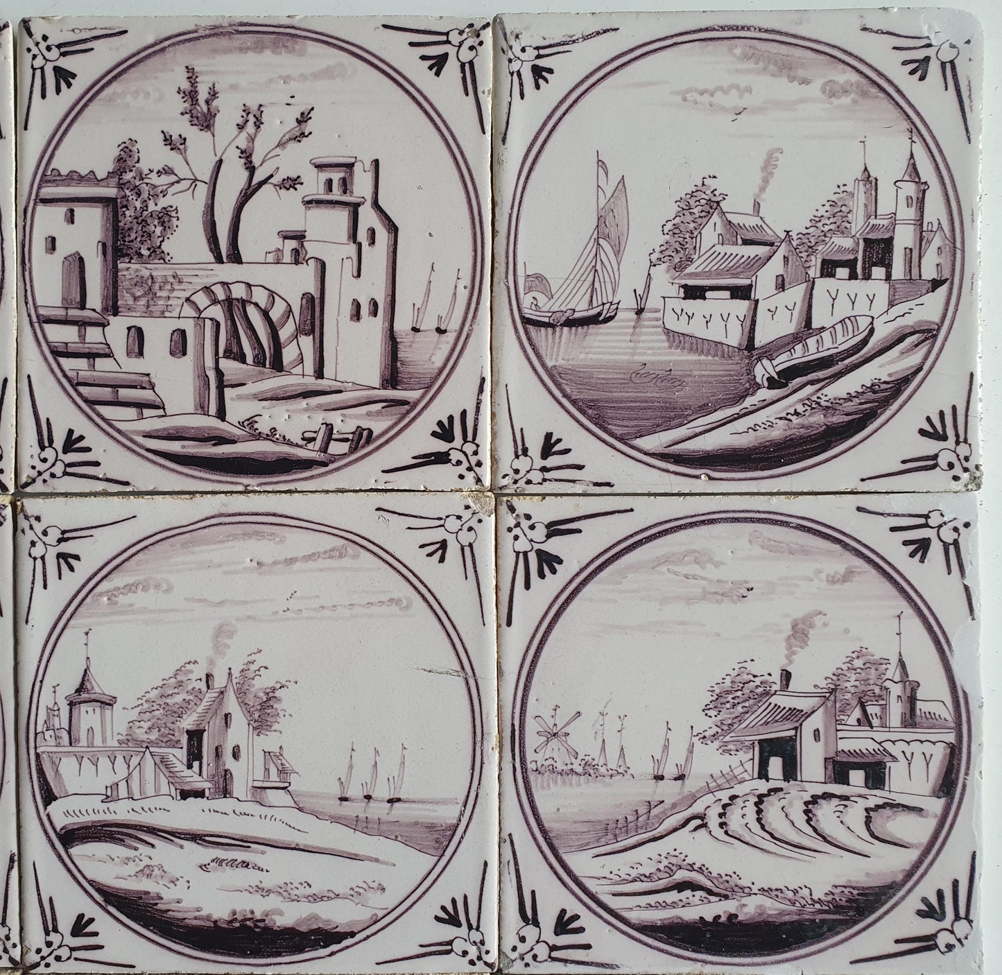 9 x Around 1850 century Antique Dutch Tiles - manganese landscape tegels