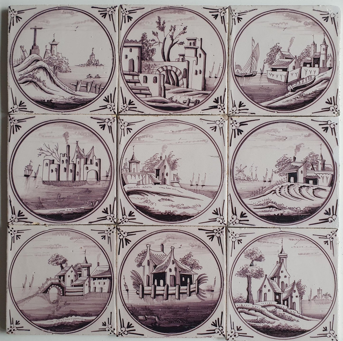 9 x Around 1850 century Antique Dutch Tiles - manganese landscape tegels
