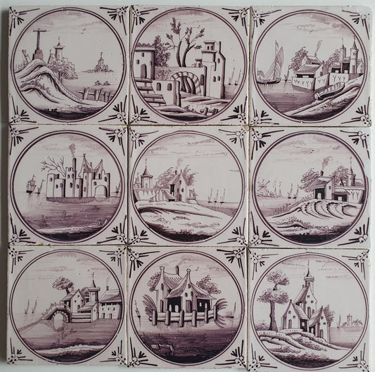 9 x Around 1850 century Antique Dutch Tiles - manganese landscape tegels
