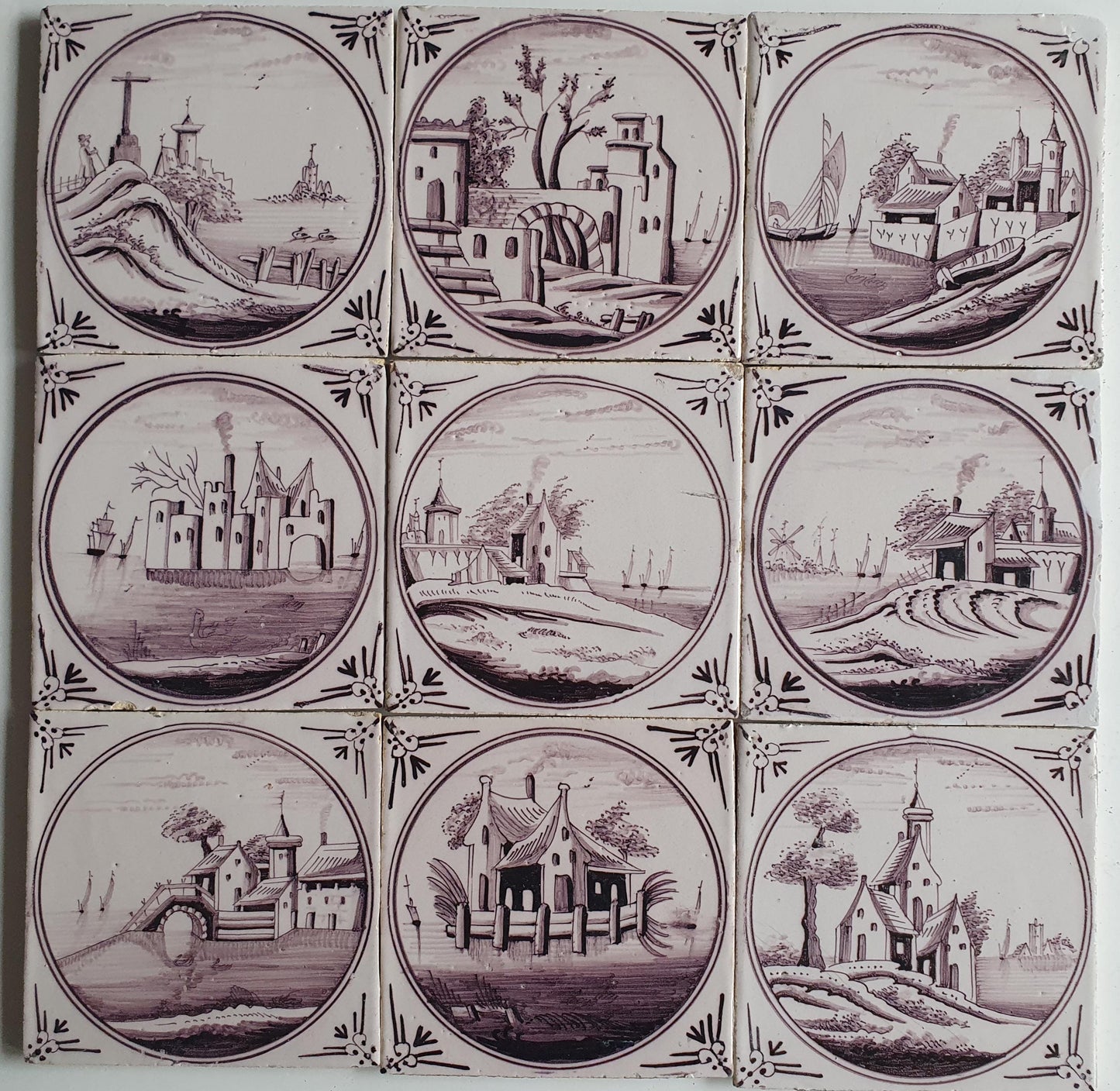 9 x Around 1850 century Antique Dutch Tiles - manganese landscape tegels