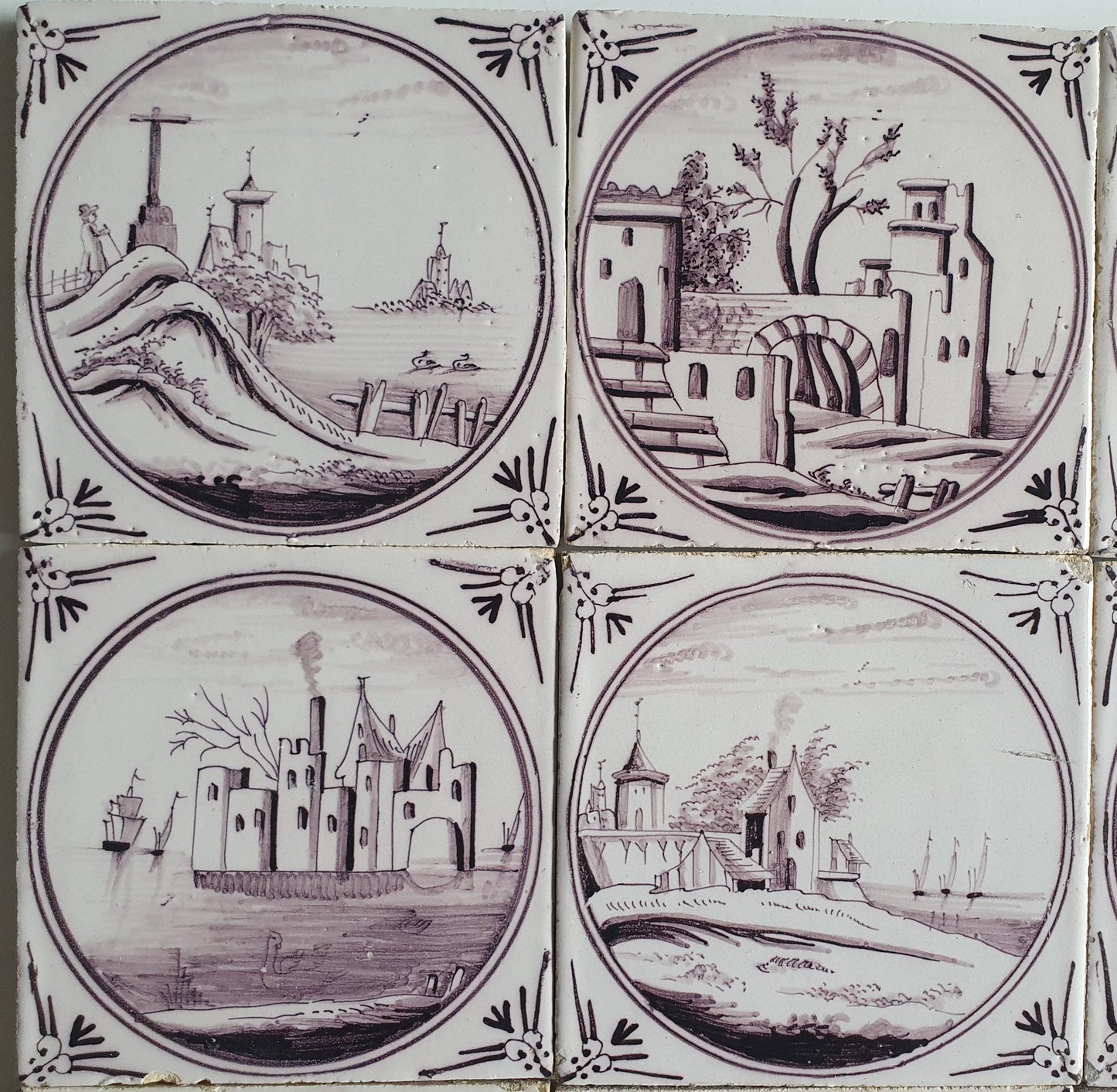 9 x Around 1850 century Antique Dutch Tiles - manganese landscape tegels
