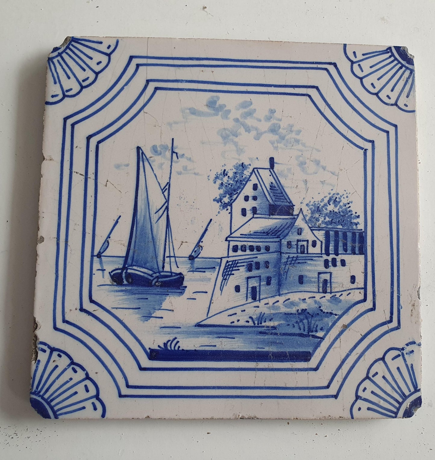 19th Century Dutch Delft Blue Tile, Holland Seascape
