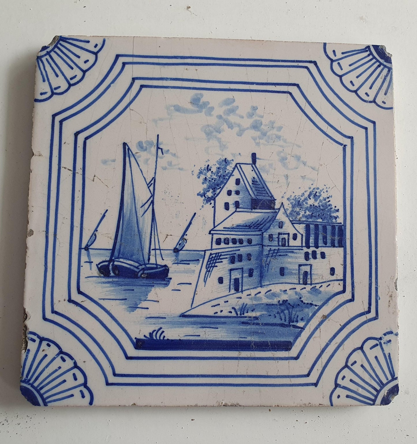 19th Century Dutch Delft Blue Tile, Holland Seascape