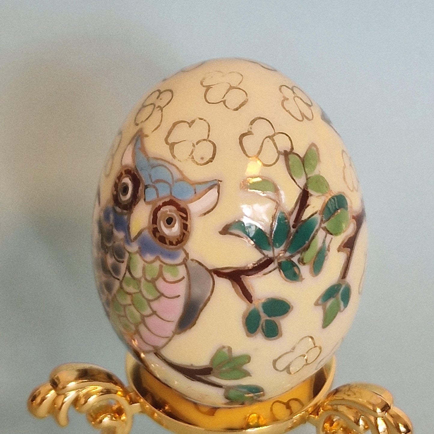 Vintage Cloisonne Panda and Owl Eggs – Enamel Porcelain, Goldwire Stands, China ca. 1960