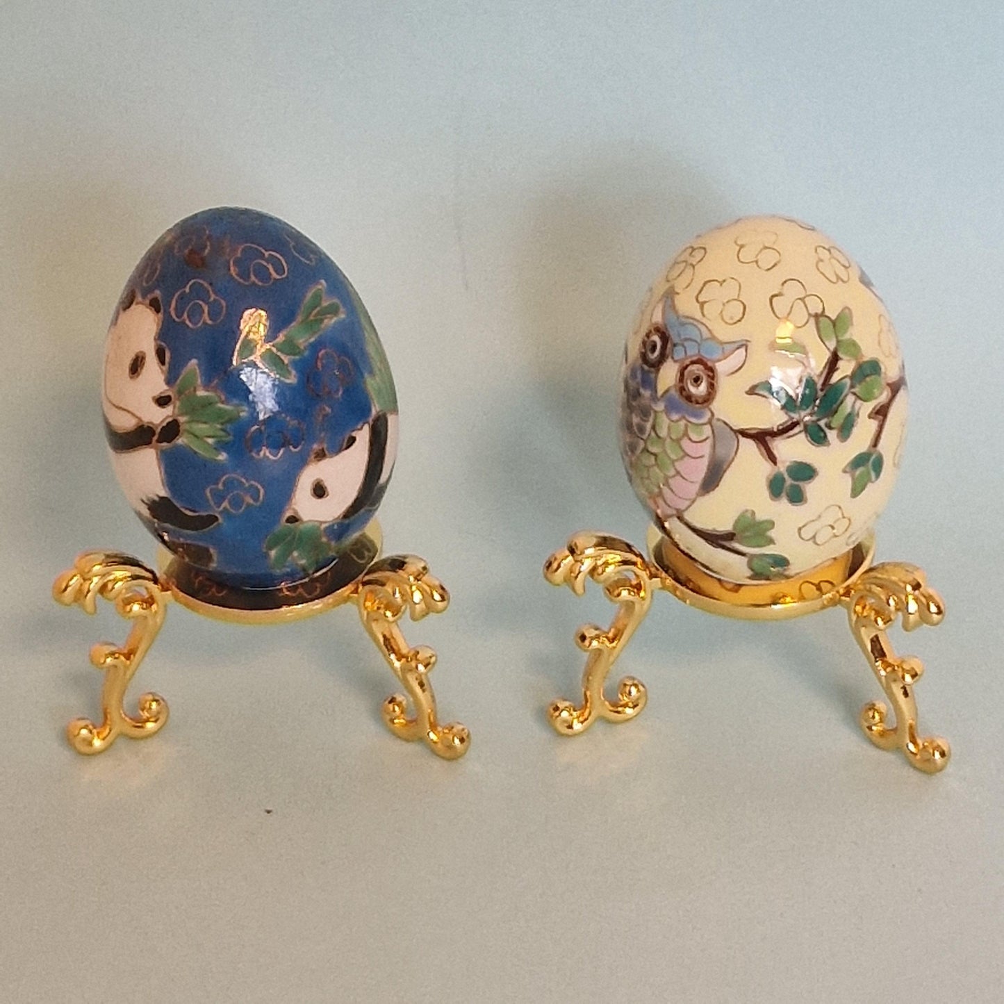 Vintage Cloisonne Panda and Owl Eggs – Enamel Porcelain, Goldwire Stands, China ca. 1960