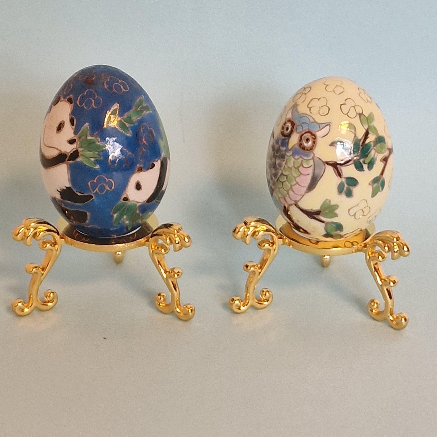 Vintage Cloisonne Panda and Owl Eggs – Enamel Porcelain, Goldwire Stands, China ca. 1960