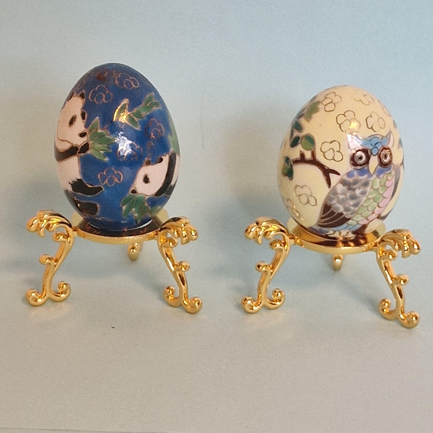 Vintage Cloisonne Panda and Owl Eggs – Enamel Porcelain, Goldwire Stands, China ca. 1960