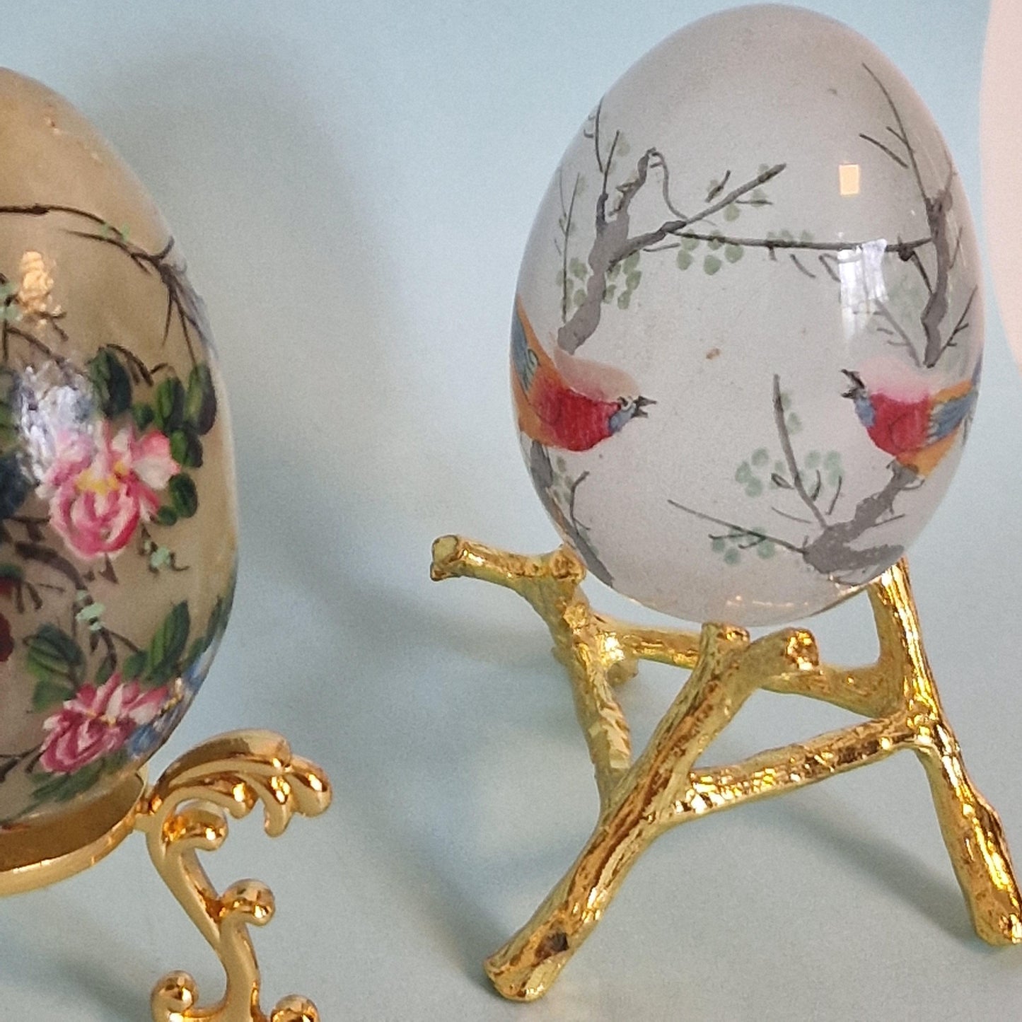Handpainted Faberge Style Collector Eggs on Gold Gilt Stand