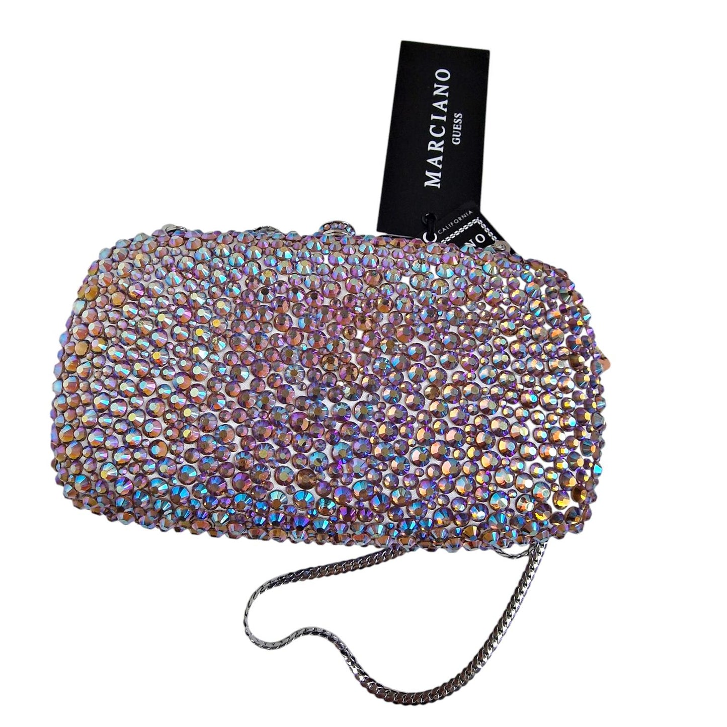 marciano guess rhinestone minaudiere sparkling crossbody gala bag gold chain strap, cards, dustbag, rare collectable not in mass production
