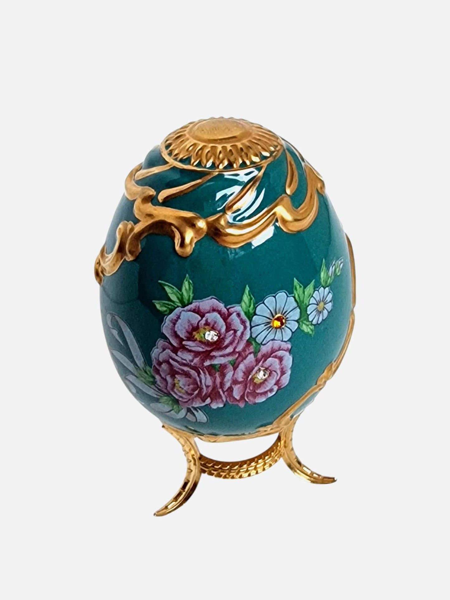 House of Fabergé porcelain Collector Egg, Faberge F.Mint 24K gilt, crystals, flowers