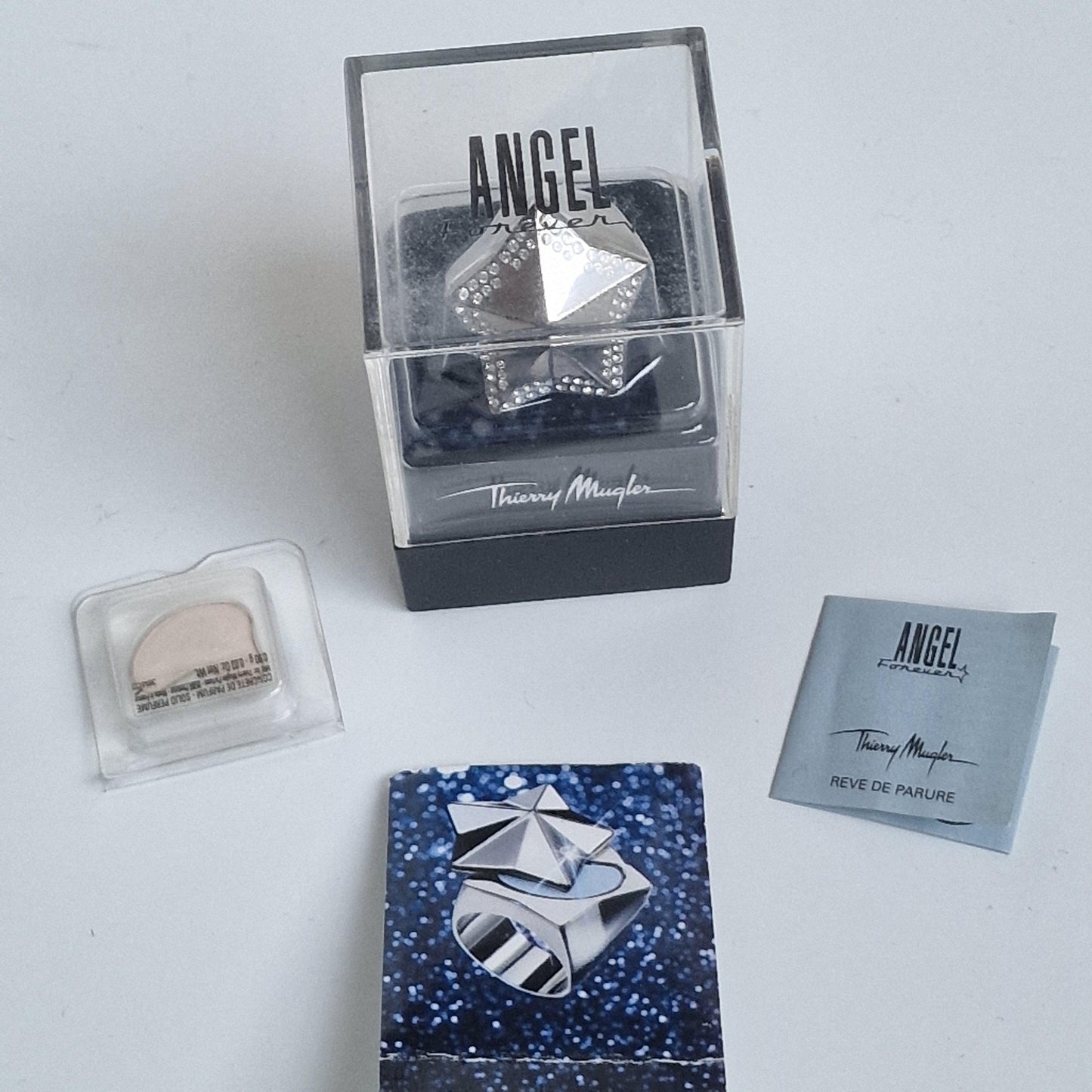 Thierry mugler ring w secret compartiment , swarovski and steel, 'poison ring' retired rare