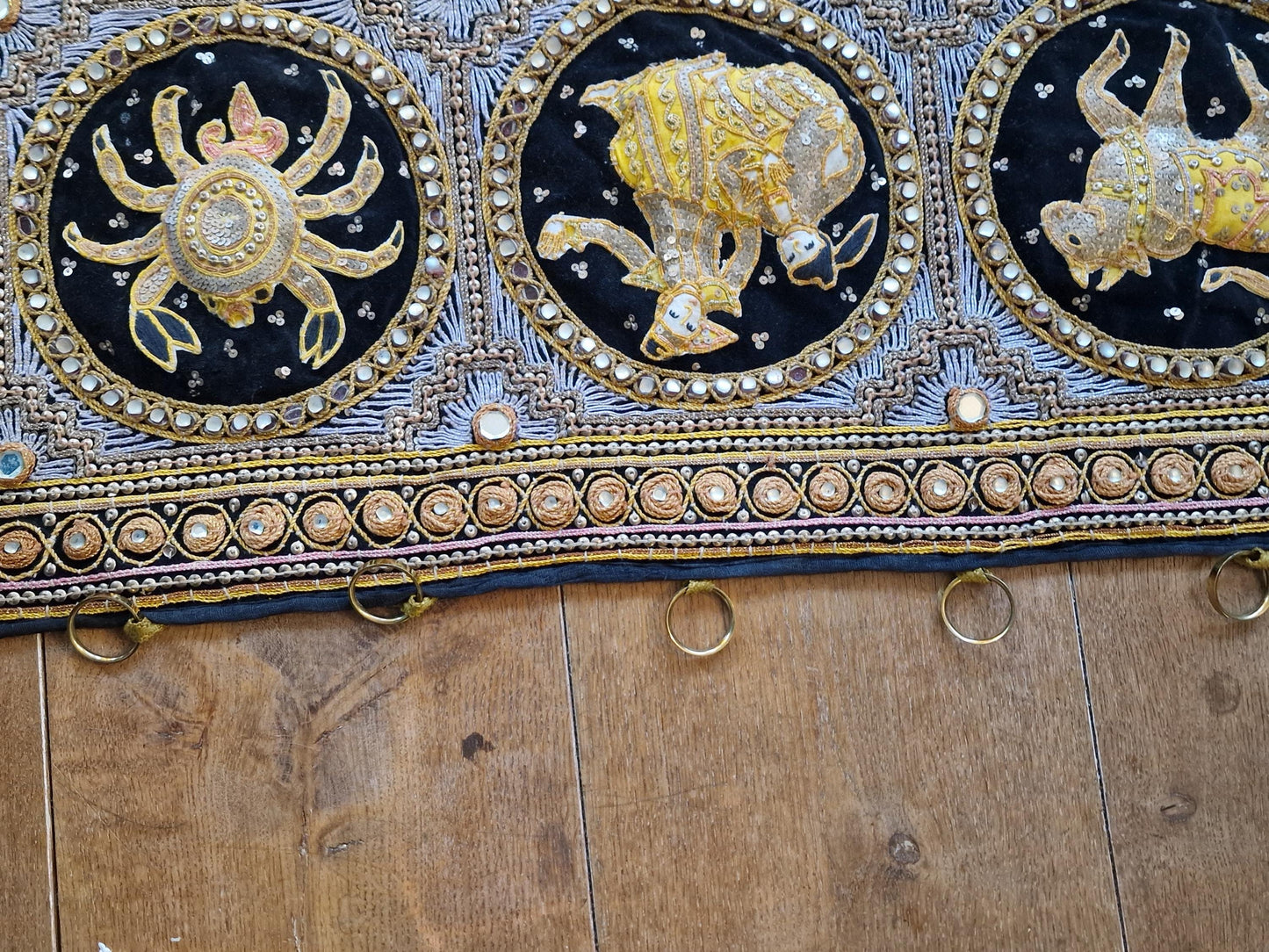 Vintage Kalaga Tapestry, Burmese Embroidered Zodiac Wall Hanging